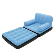 Blue inflatable lounge chair bed with armrests and cushioned headrest