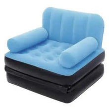 Blue inflatable lounge chair bed with armrests and raised backrest