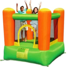 Inflatable bounce house with orange pillars, green base, and yellow entry net