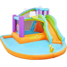 Inflatable bounce house with slide, rainbow arch, mesh front, purple posts