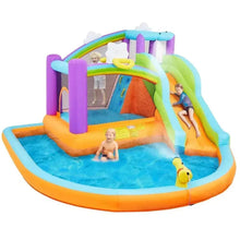 Inflatable bounce house with slide and splash pool, kids playing, rainbow arch and mesh