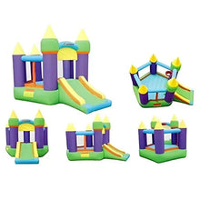 Inflatable bouncy castle with slide, shown in multiple angles; purple, green, and yellow