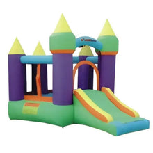 Inflatable bouncy castle with slide and bounce walls, purple, green, and yellow