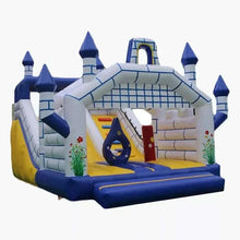 Inflatable bouncy castle with doorway, front slide, and blue-and-white net ramp