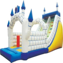 Inflatable bouncy castle with white brick walls, blue towers, and yellow side slide