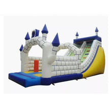 Inflatable bouncy castle with blue base, white brick walls, and yellow slide