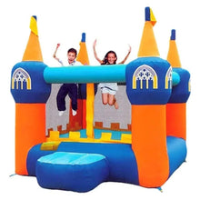 Blue and orange inflatable bounce house with two corner towers and arched side panels