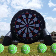 Inflatable darts soccer board with full round target, side posts, and soccer balls