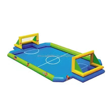 Inflatable football pitch with corner goal box, blue turf, and white field lines