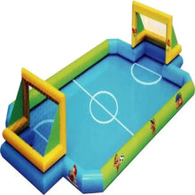Inflatable football pitch close-up with yellow goal frames and blue playing area
