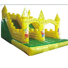 Inflatable castle bounce house with red steps, slide tower, and green side wall