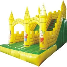 Inflatable castle bounce house with yellow arches and painted child characters on sides
