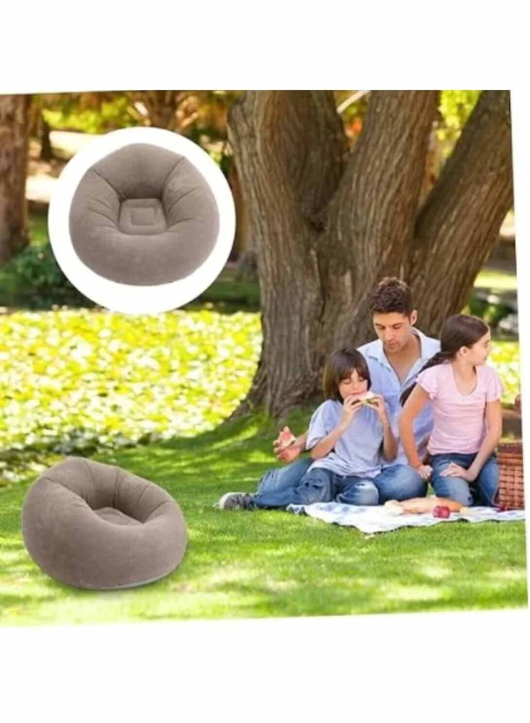 Huitich inflatable lounge chair in brown beanless design shown outdoors near family having picnic