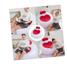 Inflatable lounge chair with white body and red backrest, shown in multiple angles