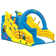 Inflatable bouncy castle with double slide, blue and yellow pirate design