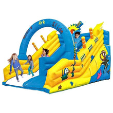 Inflatable marine-themed bouncy castle with double slide and climbing bars, blue/yellow