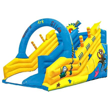 Inflatable bouncy castle with arched slide and twin yellow chutes, blue and yellow