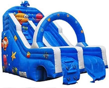 Blue inflatable ocean-themed water slide with fish graphics, arched entry and slide