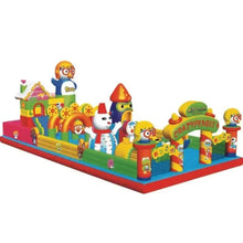 Inflatable playground with colorful cartoon animals, slide, and padded obstacles