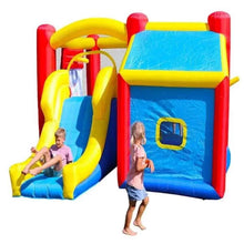 Inflatable slide and pool set with blue pool, yellow slide, red frame, and splash area