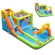 Inflatable slide-and-pool playset with orange slide chute, blue pool, green edges, yellow support arches