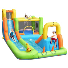 Inflatable slide-and-pool playset with blue water lanes, orange slides, yellow arches, green base