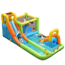 Inflatable slide-and-pool playset with enclosed gray slide tower, blue pool, orange and yellow tubes