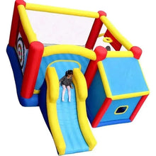 Inflatable water play slide and pool with yellow slide chute, blue pool, red and yellow frame