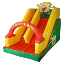 Inflatable bounce house with slide, SpongeBob graphics, yellow, red, and green play area