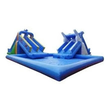 Inflatable blue swimming pool with attached slide and climbing ladder