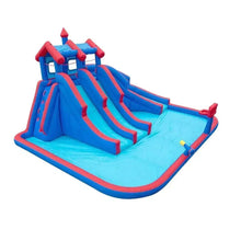 Inflatable water slide lagoon with blue slides and light-blue pool floor