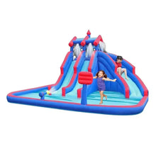 Inflatable water slide lagoon with blue pool, red rails, kids playing on slides
