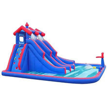 Inflatable water slide lagoon with blue slide lanes and red trim, angled side view