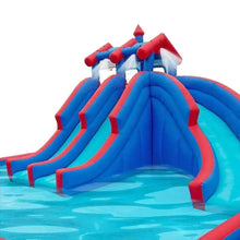 Inflatable water slide lagoon with multiple blue slide lanes and red edging, close-up