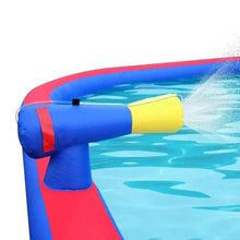 Inflatable water slide pool corner with blue walls and yellow splash barrier