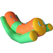 Inflatable water rocker with green base, orange padded seat, yellow side supports