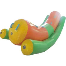 Inflatable water rocker with green base, orange seat, yellow headrest and fin details