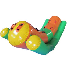 Inflatable water rocker with green base, orange center panel, yellow handles and seat