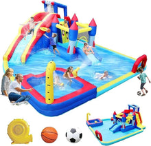 Inflatable water slide pool combo with multi-level slides, towers, and splash area