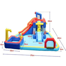 Inflatable kids water slide and pool with red, blue, yellow towers and ramps