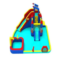 Inflatable water play slide with blue pool base and red yellow green tower