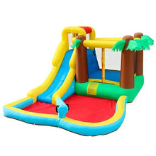 Kids inflatable water slide with blue slide, red splash pad, yellow sides, palm tree posts