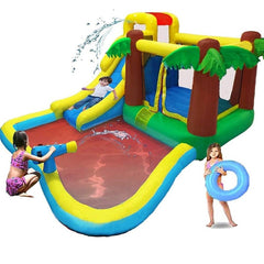 Huitich inflatable water slide for kids with palm tree design, water spray, and attached pool area