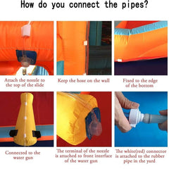 Step-by-step instructions showing how to connect pipes and nozzles on an inflatable water slide for kids