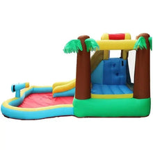 Inflatable water slide with blue slide, green pool base, brown palm posts, yellow ladder frame