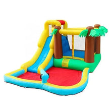 Kids inflatable water slide with blue ramp, red splash pad, green base, palm tree design