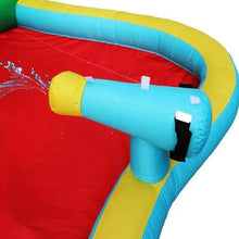 Inflatable water slide landing area with red floor and blue sidewall with yellow trim