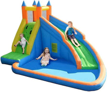 Inflatable water slide with blue ramp, green sides, orange trim and pool base