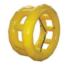 Inflatable water wheel ball, yellow circular ring with open cutouts and black straps