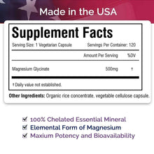 Supplement facts panel for magnesium glycinate 500 mg, 120 vegetarian capsules